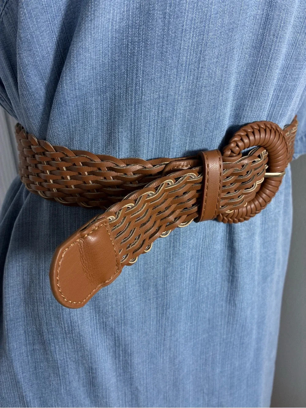 Womens belt 42” long Brown Woven faux Leather with Braided Round Buckle Boho